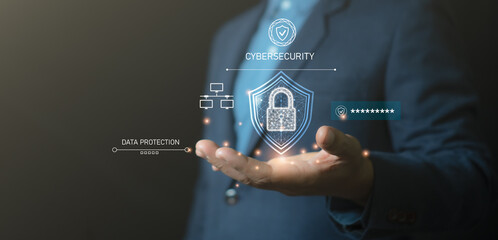 Businessman holding digital padlock hologram representing cybersecurity, data protection, secure network, privacy technology, and digital safety concept for business and information security.