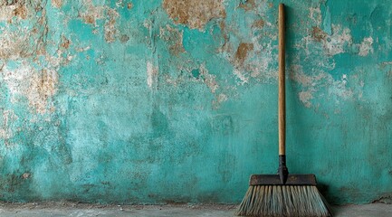 Aged teal wall, broom leaning