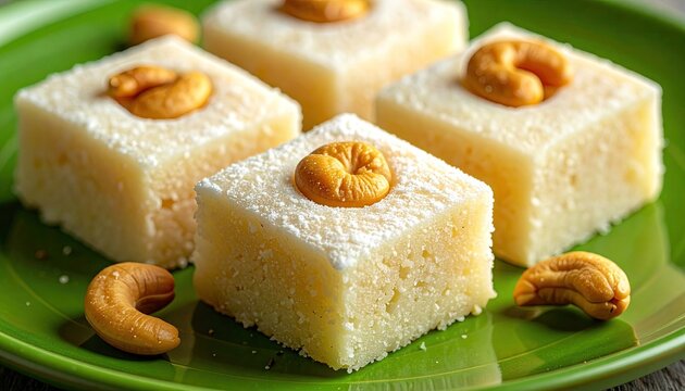 Close up of four white Bangladeshi dudh puli sweet dumplings dusted with powdered sugar and topped with cashews served warm on a green plate in natural kitchen light