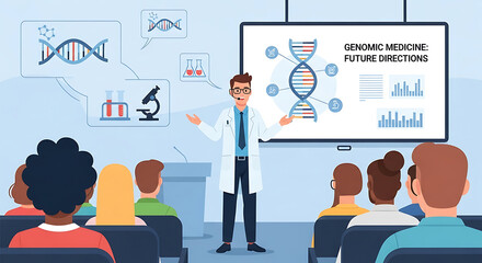 Scientist presenting on the future of genomic medicine and DNA research at a scientific conference for an audience