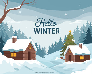 Naklejka premium Cozy Winter Landscape Illustration with Snow-Covered Cabins and Forest Trees