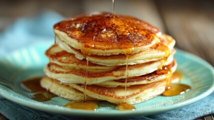 Stack of fresh pancakes with pouring syrup on a turquoise plate
