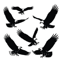 Collection of six black silhouette bald eagles in various dynamic flying and soaring poses against a white background, suitable for graphic design elements and symbolic representation.