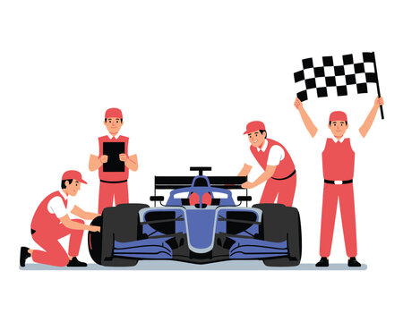 Race car victory illustration, flat vector art depicting a pit crew celebrating a winning race car, motorsport success scene showcasing teamwork, competition, and championship achievement for sports 