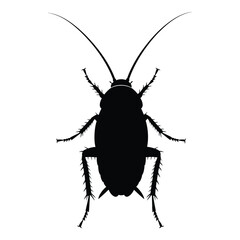 Black silhouette illustration of a detailed cockroach viewed from directly above, showcasing its antennae, legs, and segmented body, ideal for pest control concepts or scientific diagrams.