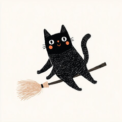 Cute black cat flying on a broomstick cartoon illustration
