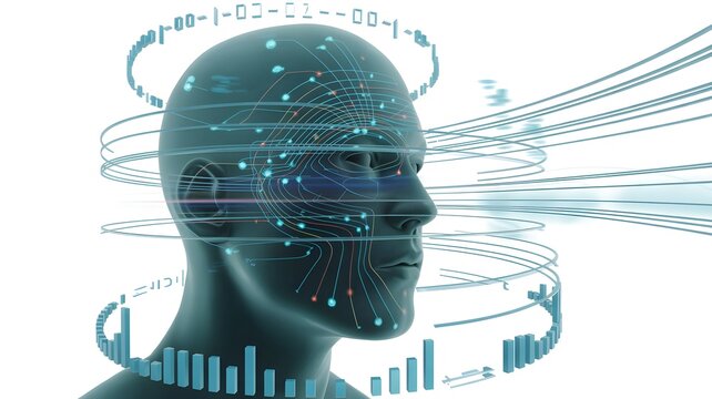 Futuristic human head with AI brain data flow. Artificial intelligence, neural network, and digital technology concept.