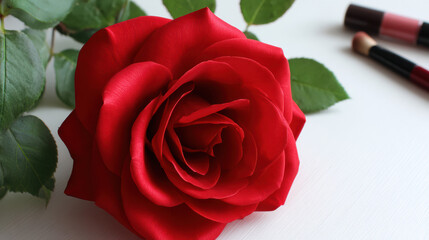 A vibrant red rose blossom with velvety petals rests gracefully near makeup, creating an artistic still life composition against a bright, clean background.