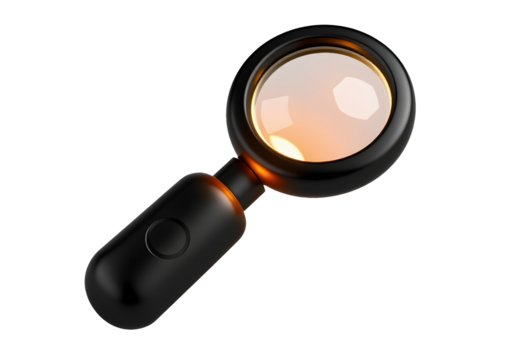 Black magnifying glass with light isolated on transparent background