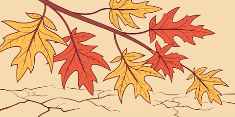 Autumn leaves on a branch with a cracked ground, a seasonal illustration of fall foliage