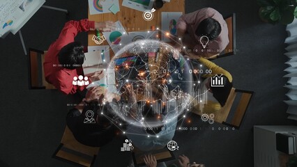 A diverse team gathers in a modern workspace, surrounded by digital visualizations, highlighting collaboration, innovation, and the power of data-driven decision-making. Raster