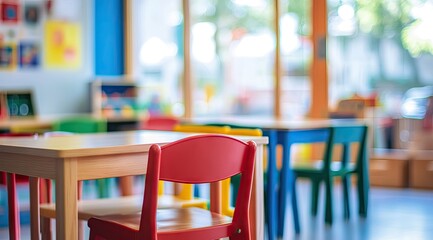Colorful classroom, vibrant tables and chairs