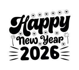 Festive happy new year 2026 graphic with hearts and celebratory elements