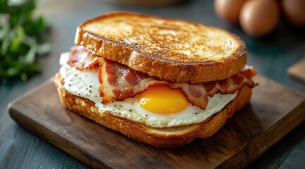 Toasted sandwich with fried egg and bacon