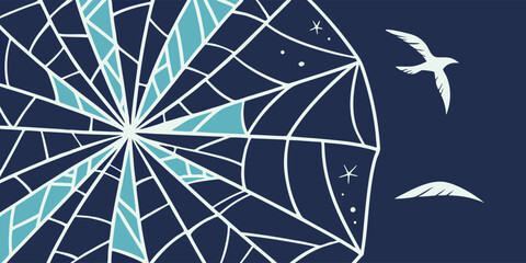 Abstract nautical illustration featuring a compass rose, seagulls, and stars against a dark blue background