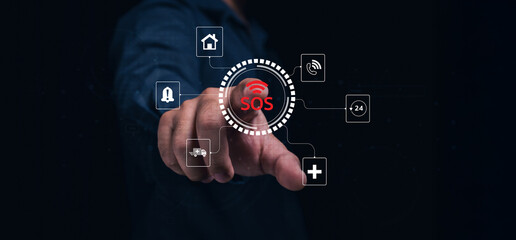 A hand points towards an SOS symbol, surrounded by various icons representing emergency services and safety notifications in a digital interface.