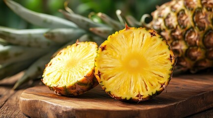 Fresh pineapple slices on wooden board (1)