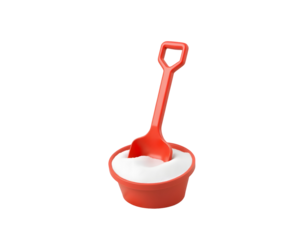 Orange beach bucket and shovel with sand isolated on transparent background