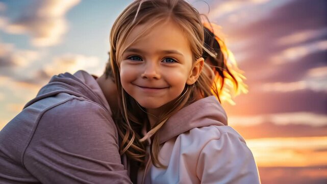 Warm sunset embrace and happy children hug with smiling girl portrait, Global family day