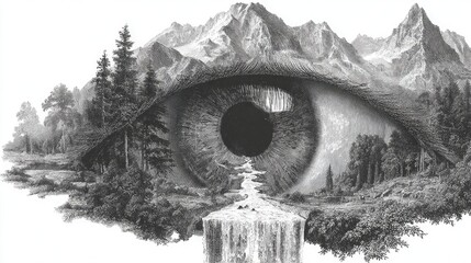 A surreal sketch of an eye whose tears form a flowing river leading into mountains and forests. A poetic, emotional, and deeply symbolic hand-drawn vector on a pristine white background.