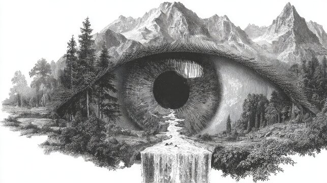 A surreal sketch of an eye whose tears form a flowing river leading into mountains and forests. A poetic, emotional, and deeply symbolic hand-drawn vector on a pristine white background.