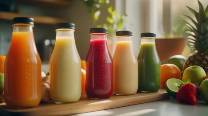 Varity of fresh fruits juice bottles with various fruits on a wooden table in kitchen	 - Powered by Adobe