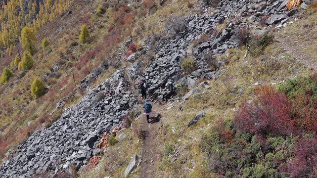 Aerial Drone Footage of Hikers on Autumn Alpine Trail Dangling, Sichuan, China