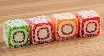 Exquisite Turkish Delight Assortment Sweet Indulgence Culinary Delights Exquisite Flavors Middle Eastern Confectionery Sugarcoated Squares Treat for the Senses  180char