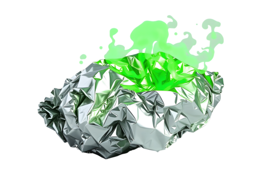 Crushed aluminum foil with bright green flames isolated on transparent background