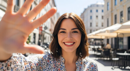 Urban Exuberance Smiling Woman Waving Hello Amidst Cityscape Joyful Connection Happy Traveler Greeting Positive Vibes Sunny Day Street Scene Warm Welcome Authentic Smile