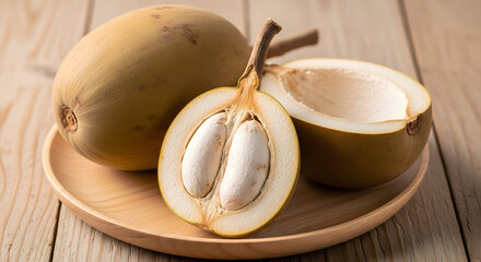 Zapote fruit close up tropical delicious food brown ingredient nutrient raw vegetarian healthy vegan closeup sweet fresh tasty dieting cuisine harvest wood background