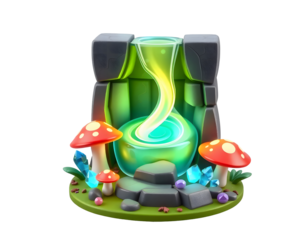 Fantasy potion altar with mushrooms and crystals isolated on transparent background