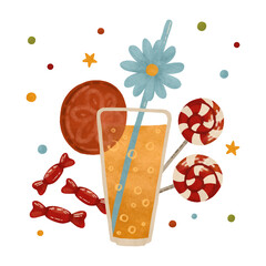 Festive watercolor composition in autumn colors: lemonade, candy, lollipop, confetti. For design in printing, children's prints, and decorations
