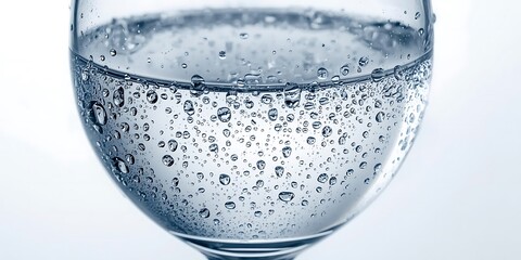 Glass of sparkling water with bubbles in bright light