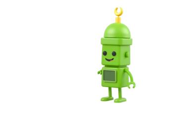 Small green robot toy isolated on transparent background