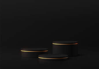 3D black round product podium background with empty space scene. Black Friday theme. Abstract geometric composition minimalist design. studio display showroom pedestal, Fashion stage showcases mockup.
