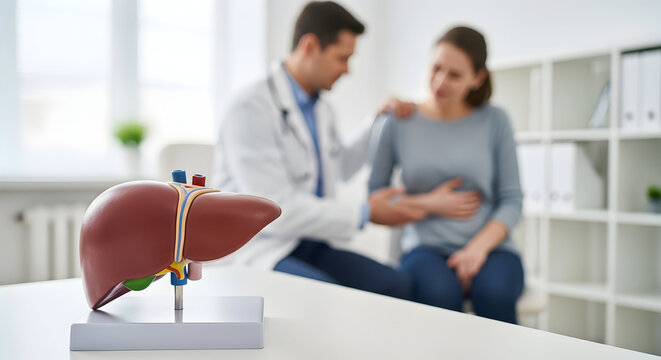 Liver Health Consultation Professional Healthcare Environment Doctor Explaining Liver Model Patient Wellbeing Abdomen Pain Medical Examination Diagnosis Treatment Hospital180 - Powered by Adobe