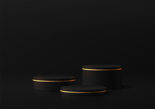 3D black round product podium background with empty space scene. Black Friday theme. Abstract geometric composition minimalist design. studio display showroom pedestal, Fashion stage showcases mockup.