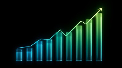 Glowing digital bar chart illustrates continuous upward trend against a dark background
