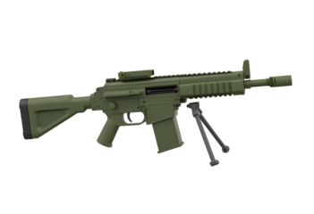 Olive green assault rifle with bipod isolated on transparent background