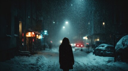Silhouette walking alone on snowy street at night under streetlights