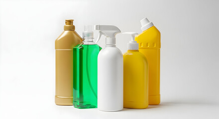 Household Cleaning Products A Variety of Colorful Bottles for Different Surfaces A Complete Set of Cleaning Supplies on a Plain White Background Studio Shot High Quality
