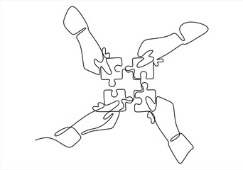 Teamwork and Collaboration Hands Assembling a Puzzle. Line Art. line icon-continuous line drawing. Editable stroke. 