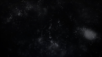 Soft glowing white dust particles floating in dark space. Elegant abstract background with bokeh and light texture, perfect for cinematic atmosphere, winter mood, or luxury design.