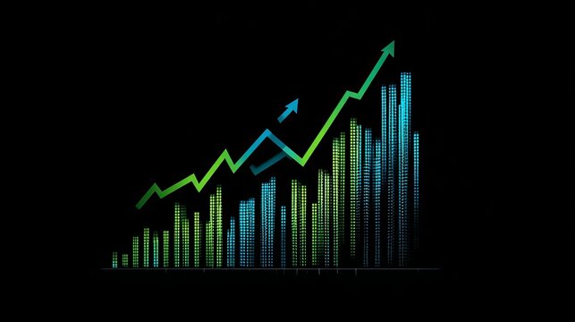 Digital financial data visualization displays metrics showing continuous upward momentum against a dark background