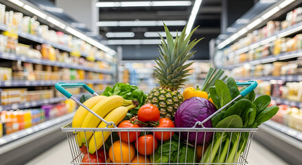 Grocery Shopping Cart Overflowing With Fresh Produce A Healthy and Delicious Selection for Your Next Meal Prep Stock Up on Essentials and Plan Your Healthy Meals Today