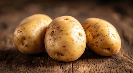 Three potatoes on rustic wooden table