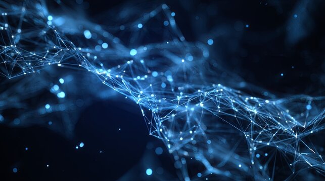 Glowing blue geometric plexus structure spreads across a dark digital background