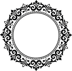 Elegant circular damask ornamental frame or rosette with intricate baroque floral and scrollwork pattern, providing a blank center for text, monogram, or logo design.