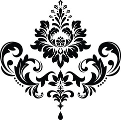 Elegant damask ornamental motif with intricate floral elements, baroque scrollwork, and symmetrical rococo curves, ideal for luxury backgrounds, textile prints, or logo designs.